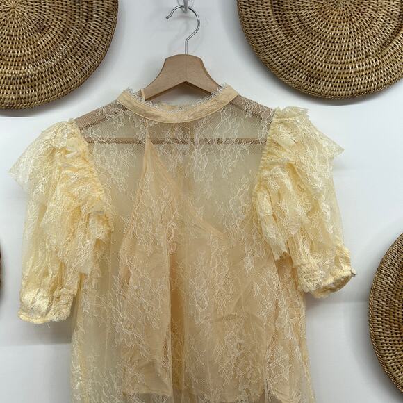 Free People Cream Sheer Lace Overlay Lined Short Sleeve Blouse Small Feminine - Picture 5 of 11